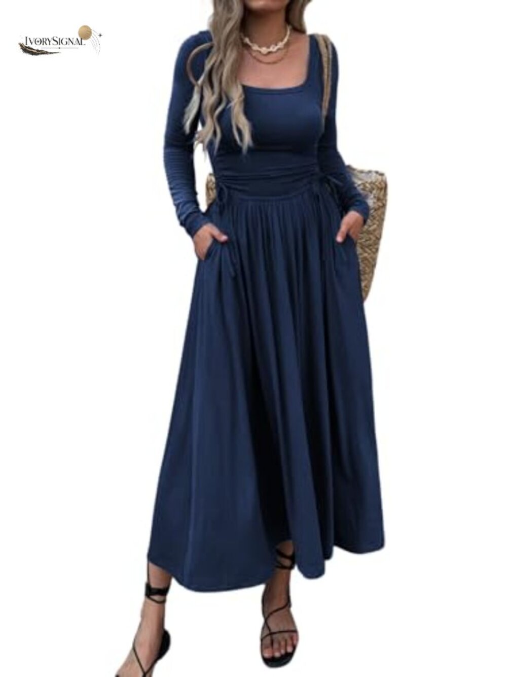 Women's Long Sleeve Square Neck A-Line Maxi Dress Tie Waist Pockets Casual